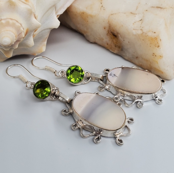 Natural Dolomite Peridot Stone Silver 925 Earrings - Picture 1 of 4
